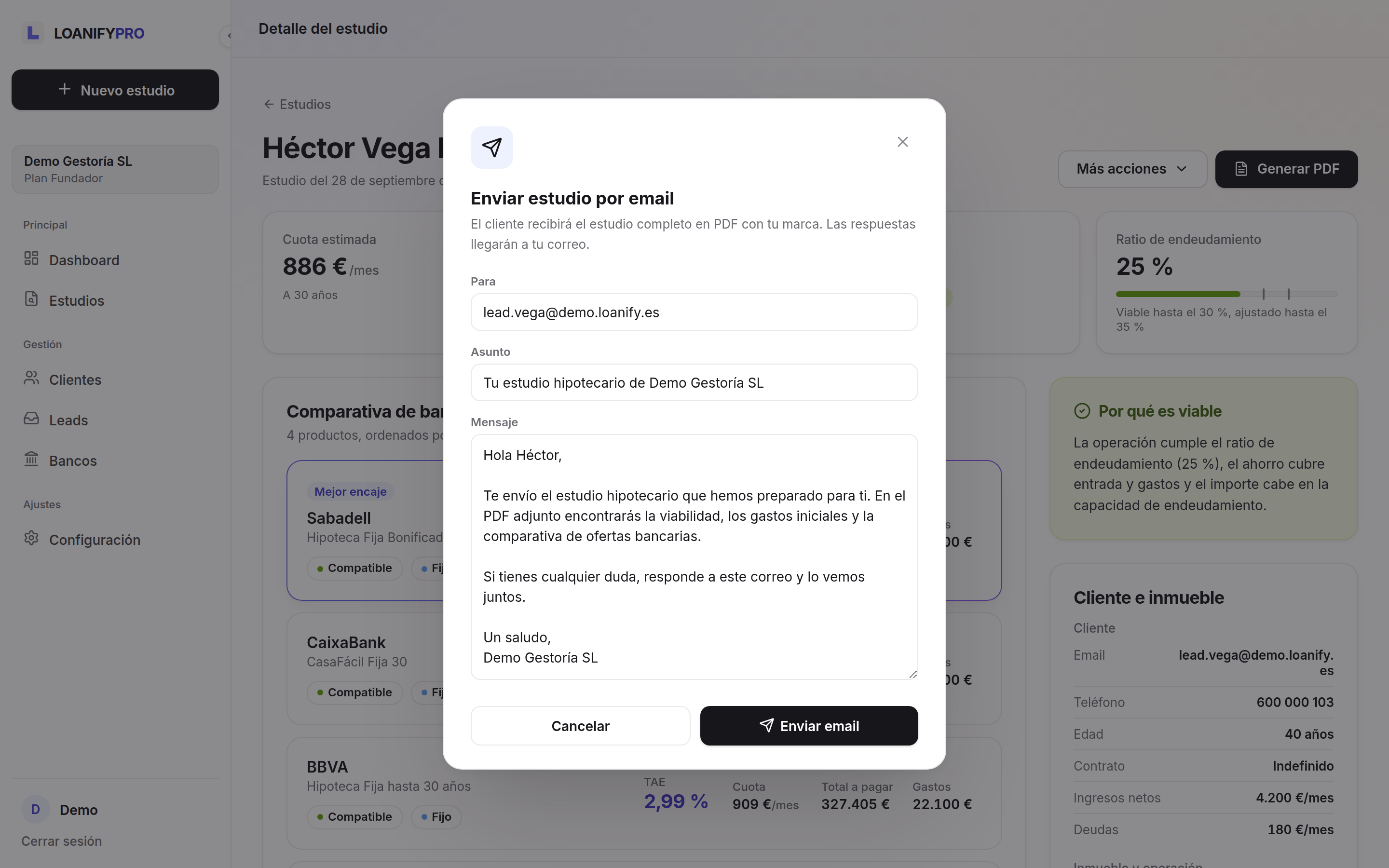 Ventana de envío del estudio por email, con el destinatario, el asunto y el mensaje ya redactados.