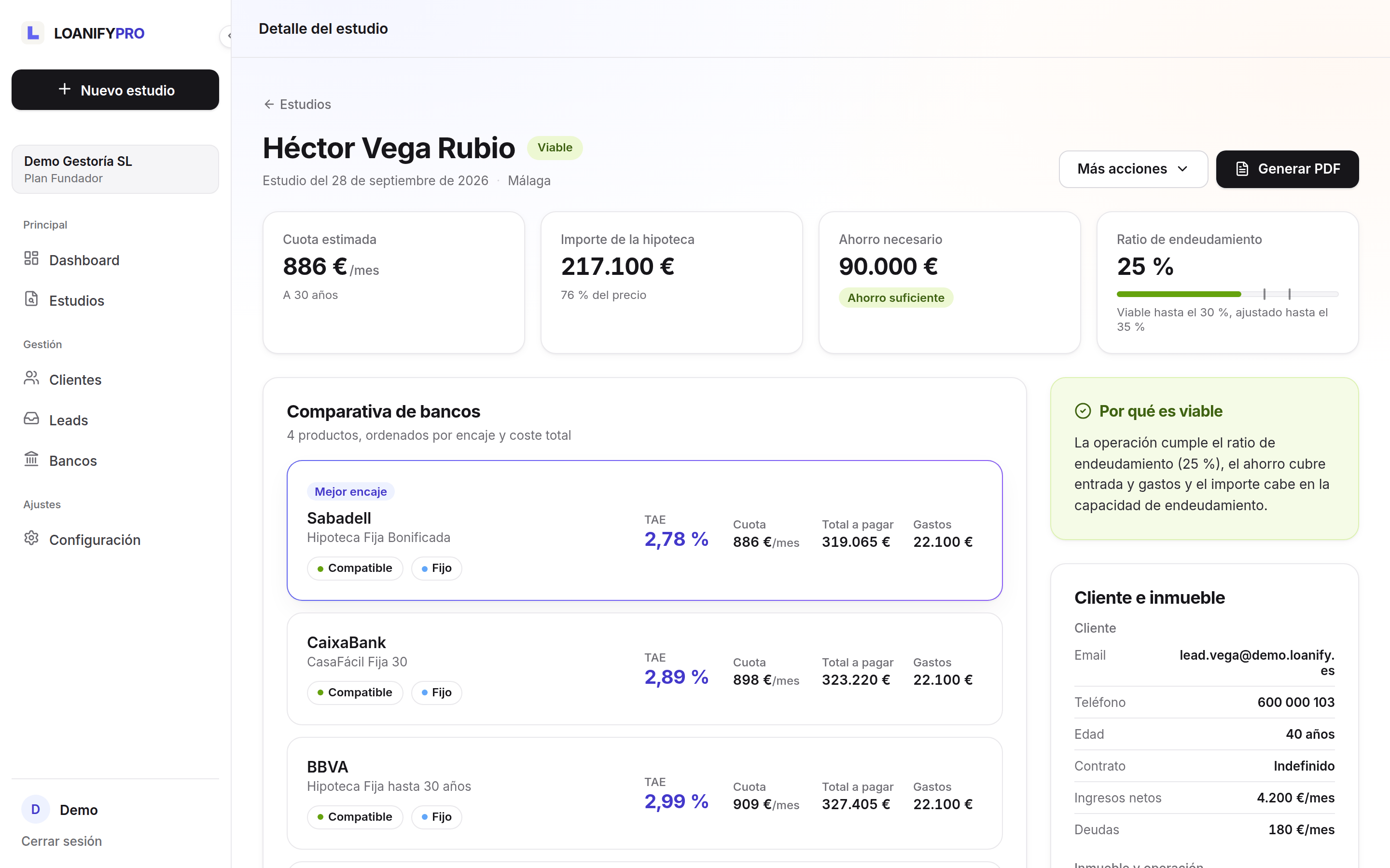 Detalle de un estudio en LoanifyPro con los datos del cliente, el resultado y la comparativa de bancos.